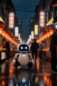 AI generated video: Cinematic sci-fi. A small friendly delivery robot with glowing blue eyes rolls…
