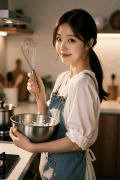 AI generated video: A woman is preparing baking in the kitchen, My hair is shaking slightly, the…