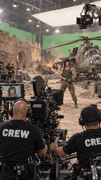 AI generated video: btssetstyle. An 8-second locked-off BTS wide shot at natural speed. 0–1s…