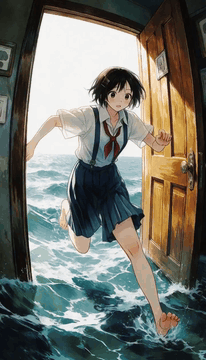 AI generated video: Film distortion. A young woman ran in through the door to see herself running…