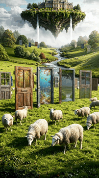 AI generated video: A serene meadow beside a calm river where hundreds of realistic wooden doors…