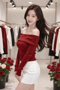 AI generated video: A young woman poses in a clothing store leaning slightly, her long hair is…