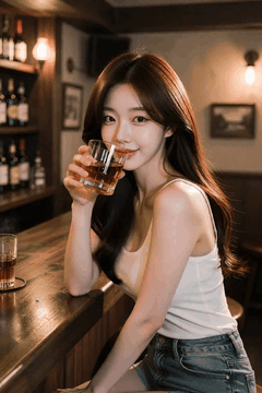 AI generated video: A woman sits at the bar counter and smiles while holding a glass of whiskey…
