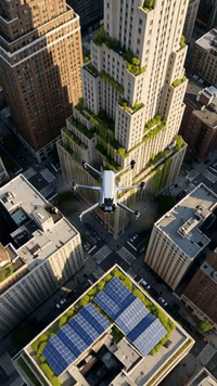 AI generated video: 00:00.000–00:03.500 A sleek silver drone rises above a bustling Manhattan…