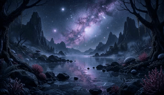 AI generated video: galaxy hd desktop wallpaper, in the style of futuristic landscapes, tranquil…