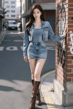 AI generated video: A young woman wearing jeans stands with her hands on an alley wall and slowly…