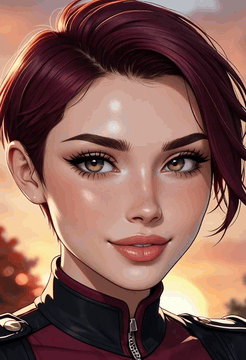 AI generated video: woman face closeup, very short hair, Bold Burgundy Liner, Exceptionally…