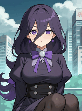 AI generated video: h3xym4n1c, purple eyes, bags under eyes, hair between eyes, long hair, purple…