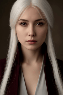 AI generated video: closeup woman, solo, warrior, white hair, dark red eyes, detailed face…