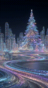 AI generated video: # NEON NOEL - [ #1 0.05s ] ACTION:{STILL from reference; prismatic tree…