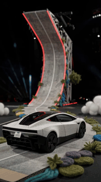 AI generated video: A handmade needle-felted white Tesla Roadster sits on a miniature wool felt…