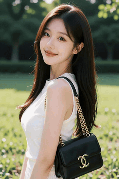 AI generated video: Long haired woman turns around in the park and smiles, The long hair swings…