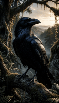 AI generated video: A magnificent black raven perches on the moss-covered tree branch in a quiet…