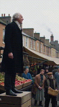 AI generated video: @lorimerh.sirfuture stands in a crowded 19th century outdoor market. He stand…