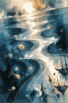 AI generated video: ships and fishes is slowly moving. sun is slowly going down changing color to…