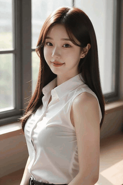 AI generated video: A young woman with long brown hair is standing by the window and smiling, The…