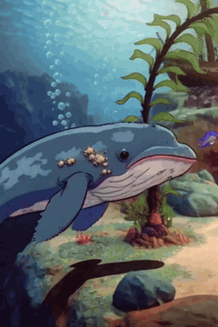 AI generated video: The blue whale’s colossal body surges forward in a side-scrolling 2D…