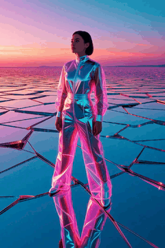 AI generated video: Woman standing proudly atop a giant shattered mirror field, clad in a…