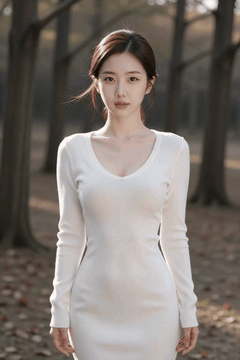 AI generated video: A woman in a white dress is standing on a forest path and walking slowly, A…
