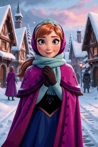 AI generated video: Anna standing in the snowy village square of Arendelle, bundled in her travel…