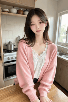 AI generated video: the woman is leaning on the kitchen table and smiling, The soft wind shakes her…