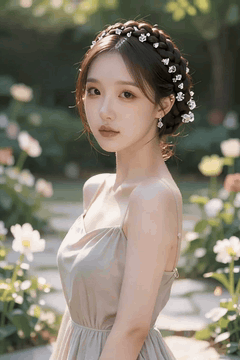 AI generated video: A young woman stands in the garden and turns her body slightly, The petals sway…