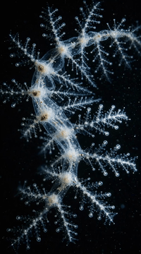 AI generated video: 10-second continuous shot. The translucent abyssal organism slowly drifts…