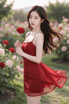 AI generated video: A woman in a red dress is standing in a field of roses and holding roses, Her…