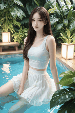 AI generated video: A woman with long brown hair is sitting in the pool, gentle waves shimmer, and…