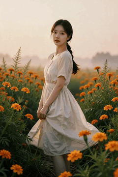 AI generated video: A young woman is standing in a field of marigolds, the, dress skirt flutters in…