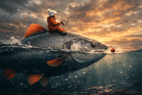 AI generated video: A large fish, half submerged in water. The upper part of the fish is gray with…