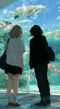 AI generated video: 日本のアニメ映像。美しい幻想的な水族館で水槽の中の生き物が繊細に泳いでいる。雪が降っている。風が吹いて花が揺れる。オブジェクトがそれぞれバラバラに動く。カットが…