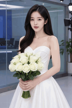 AI generated video: A woman in a white wedding dress is standing with a bouquet, Her long hair…