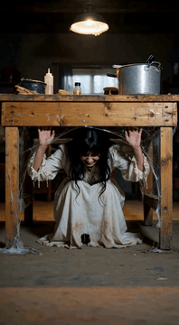 AI generated video: The camera creeps low along the dusty concrete floor toward the woman huddled…