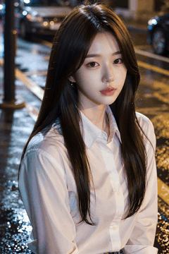 AI generated video: A young woman with long hair stands in a wet parking lot at night; her hair…