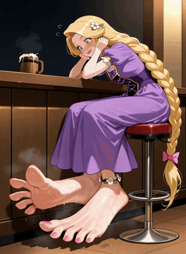 AI generated video: she scrunches her toes as she says "Wow! The foot grow brew really works." She…