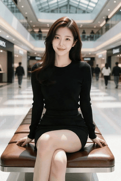 AI generated video: A woman in a black dress sits on a shopping mall bench and smiles, The hair…