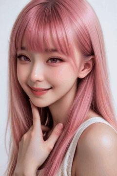 AI generated video: A young woman smiles softly at the camera, her pink hair gently swaying, soft…