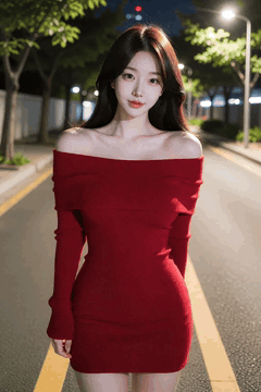 AI生成视频：A woman in a red dress is walking slowly on the street at night, Street lights…