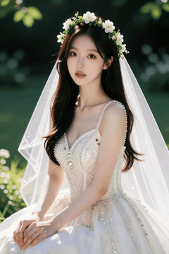 AI generated video: The bride is seated, her veil fluttering in the gentle breeze, while the…
