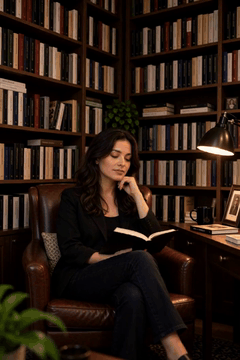 Видео, сгенерированное нейросетью: woman closeup, A woman sitting in a cozy library corner, surrounded by tall…