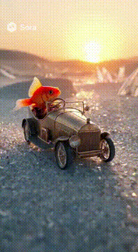 AI generated video: A goldfish driving a tiny car through a desert made of glass, cinematic macro…