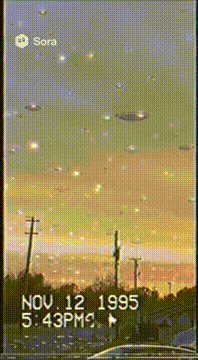 AI generated video: VHS video camera capturing 100s of ufos in the sky in the year 1995