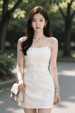 AI generated video: A woman in a white mini dress is walking along a park path, The long hair is…