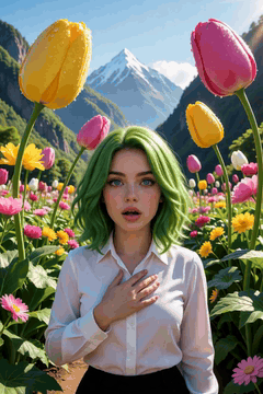 AI generated video: woman upper body, green hair, hand on chest, surprised, teeth, wearing White…
