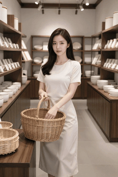 AI generated video: A woman in a white dress is holding a basket handle in a store, Her hair is…