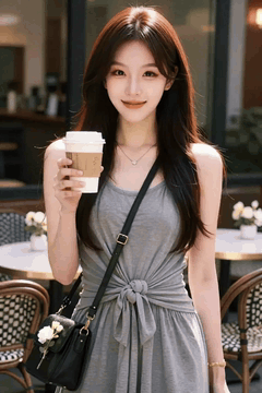 AI generated video: A young woman is smiling while holding coffee on the outdoor terrace of a…