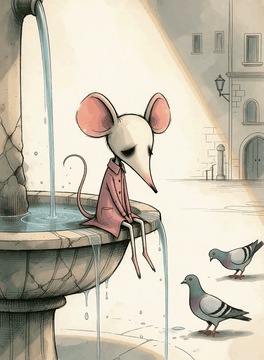 AI generated video: mouse sitting still, pigeons searching for food an making pigeon sound. water…