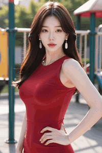 AI generated video: A woman in a red dress poses on a park playground, has long hair swaying…