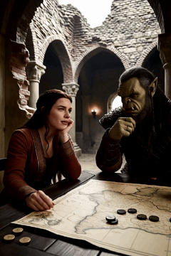 AI generated video: beautiful woman in The interior of a crumbling fortress, where an orc warlord…